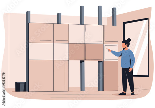 An interior designer examines a modular design plan, pointing at a wall of cabinets. A modern, minimalist aesthetic showcases a stylish space. Professional setting.