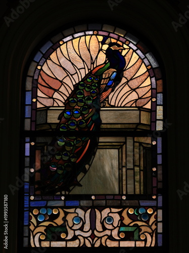Obraz na plátne Stained Glass Window with Peacock at the Waldensian Temple at Piazza Cavour in R