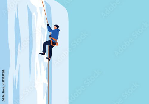 A man climbs a frozen waterfall, showcasing adventure and skill. Dramatic ice textures and a dynamic composition create a visually striking image.