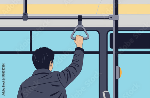 A man grips a bus handle, looking out the window. Clean, modern illustration emphasizing safety and transport. Focus on the hand and handle.