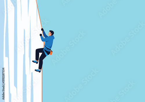 A man ice climbs a stunning ice waterfall. Dynamic action shot, showcasing adventure and skill. Crisp, clear composition.