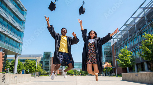 Two joyful diverse graduates celebrate their success by jumping and throwing their caps in the air on a sunny modern university campus.