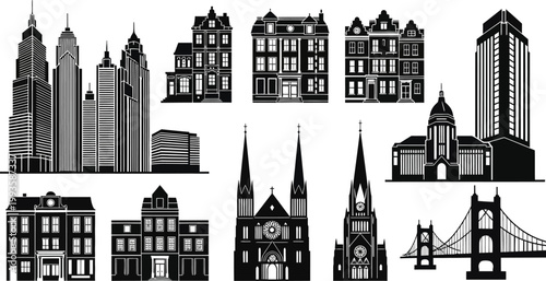 black and white city skyline with buildings and bridges