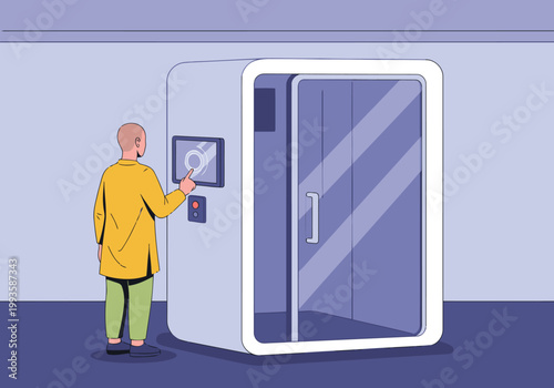 A man interacts with a sleek, modern pod control panel. The design is clean and futuristic, showcasing digital technology and a minimalist aesthetic. Ideal for tech, innovation, and future concepts.
