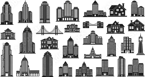 black and white city skyline with various buildings and structures