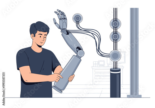 A young man interacts with a futuristic nerve-sensor prosthetic arm, showcasing advanced technology and control. Modern, clean design.