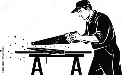 Carpenter silhouette sawing wood plank on workbench with hand saw, skilled craftsman woodwork labor industry concept vector
