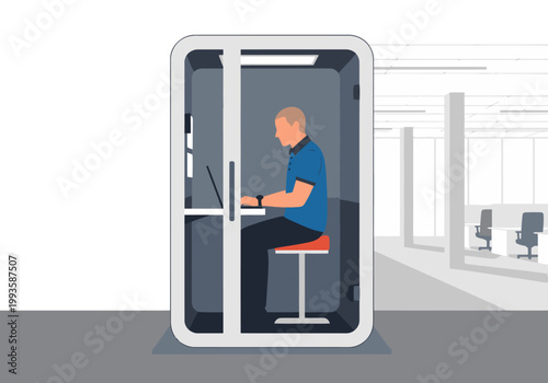 A man works focused in a soundproof pod office. Modern, minimalist design creates a productive workspace. Clear, professional image.