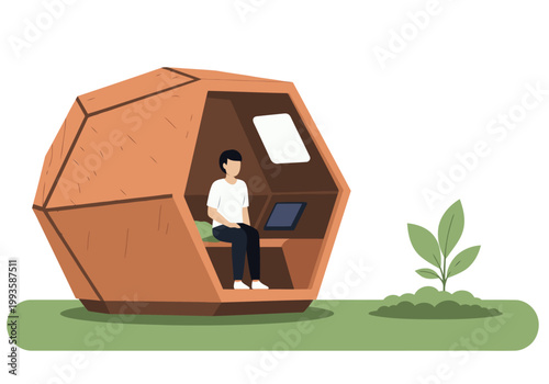 A young man works in a modern, hexagonal eco-pod office amidst a green landscape. The design is stylish and sustainable, promoting focus and wellbeing.