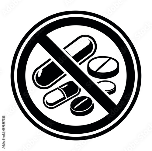 Forbidden sign banning drugs, pills, and capsules. Concept of medication restriction, narcotic control, or illegal substances