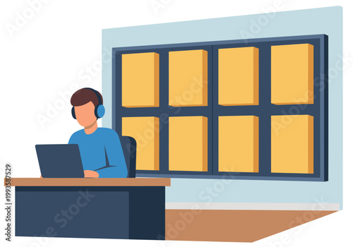 A man works remotely in a soundproof modular office home, focused on his laptop. Modern, clean design with a bright workspace and professional setting.