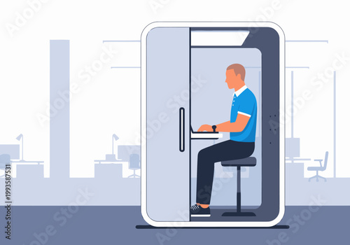 A man works in a soundproof pod office. Modern, minimalist design with a focused professional. Ideal for remote work and productivity.