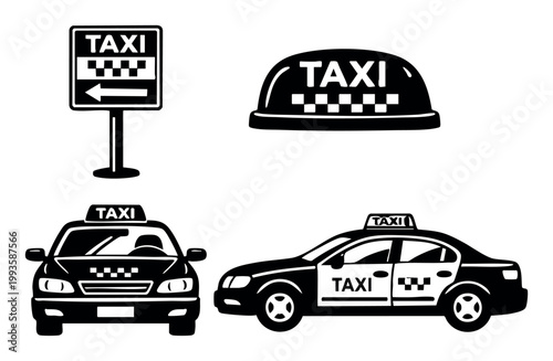 Taxi icons and elements representing city public transport, ride sharing, and passenger pickup services