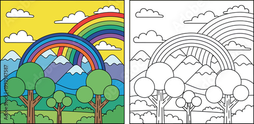 Cute Cartoon Nature Landscape with Double Rainbow over Snow-capped Mountains and Green Trees