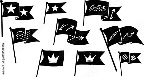 black flags with white symbols on sticks for decoration or indication  various designs