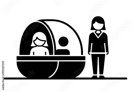 A minimalist pod office icon featuring a female professional and a seated colleague within a rounded structure. Clean, modern design for office concepts.