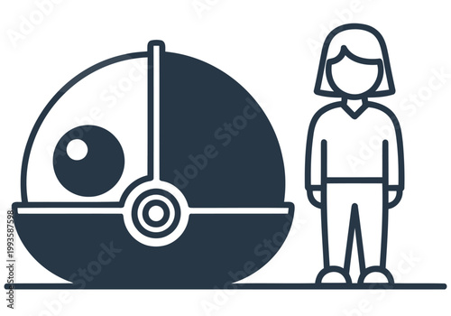 A minimalist icon depicts a woman standing beside a spherical pod office. Clean lines and a modern aesthetic create a professional and inviting image.