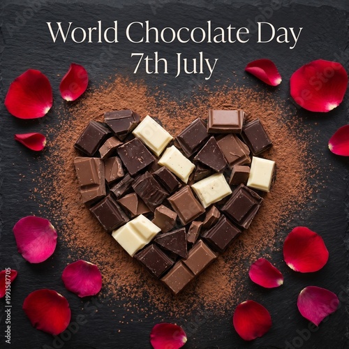World Chocolate Day 7th July Heart Shaped Arrangement of Dark and White Pieces with Rose Petals