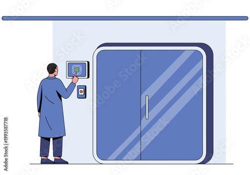 A professional man operates a digital control panel for large, modern doors. Clean lines and a contemporary design create a sophisticated visual.