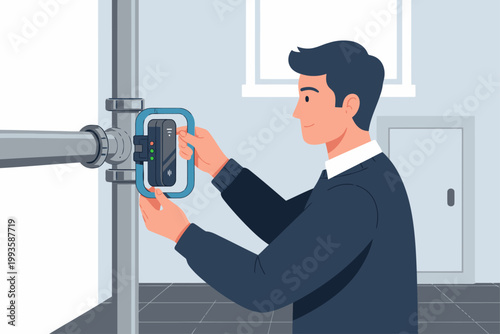 A professional installs a smart water monitor on a pipe. Clear, modern illustration showcasing water monitoring technology. Ideal for business and tech visuals.