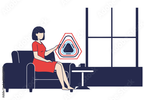 A woman relaxes at home, monitoring a metabolic sensor bio monitor. Modern, clean design with a focus on wellness and technology.  Stylish and inviting.