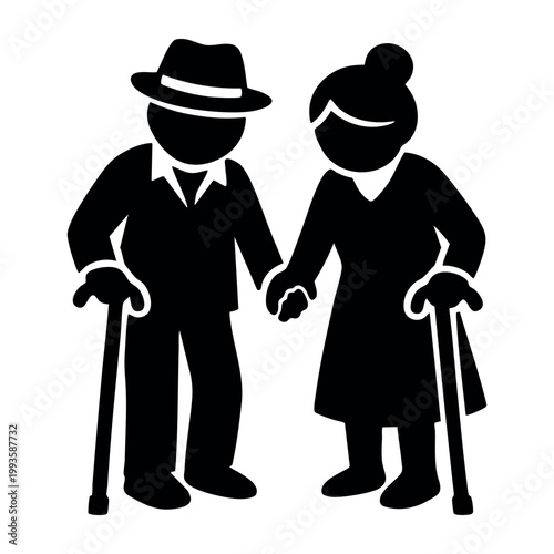 Elderly couple holding hands and using walking sticks. Icon illustrating lasting love, companionship, and care in old age