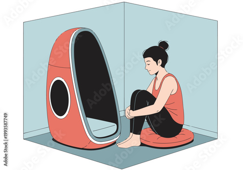 Tableau sur toile A woman relaxes in a compact sensory pod, enjoying a calming experience