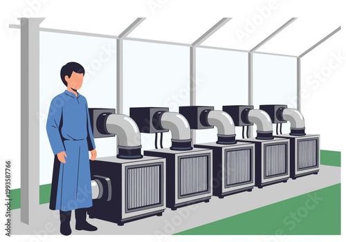 A professional oversees a modular scrubber greenhouse air system. Clean lines and modern design showcase sustainable technology. Clear composition, bright setting.