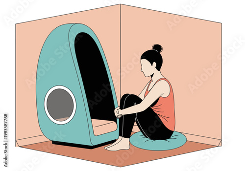 A woman relaxes in a compact sensory pod, seeking calm and quiet. The design features a rounded form and muted colors, offering a private, soothing space.