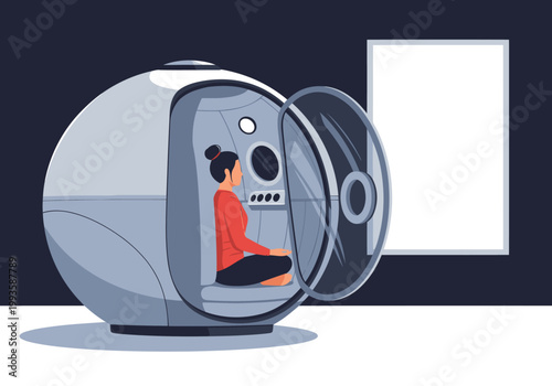 A serene woman meditates within a futuristic sensory pod. The pod?s open door reveals a calming window view. Modern, minimalist design promotes relaxation and well-being.