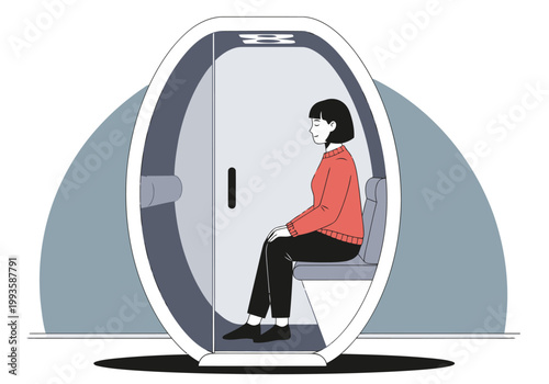 A woman relaxes in a modern sensory pod office. Soft lighting and a calming design create a peaceful workspace. Focus on well-being and productivity.