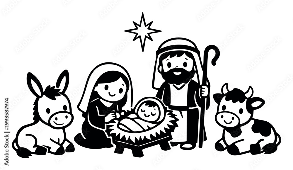 Naklejka premium Birth of Jesus Christ with Holy Family and animals in a manger. Simple cartoon drawing for holiday season