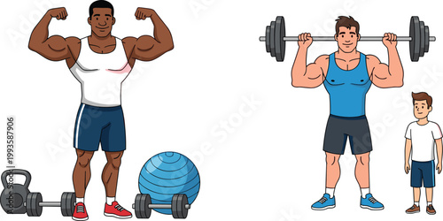 Fitness Training Vector Illustration Featuring Muscular Men Flexing and Lifting Barbell with Gym Equipment and Bodybuilding Concept