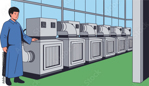 A technician monitors modular scrubber units in a greenhouse, purifying air. Clean, modern design showcases sustainable technology. Bright, professional setting.