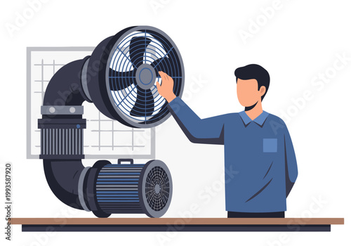 A technician adjusts an exhaust carbon scrubber with a fan, showcasing a clear industrial setup. Professional, detailed illustration for commercial use.