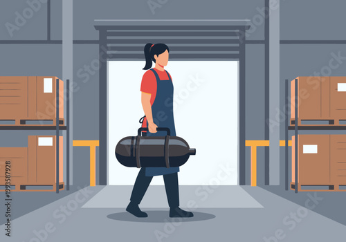 A female worker carries an activated carbon VOC filter through a warehouse, showcasing industrial safety and environmental control. Clean, modern illustration.