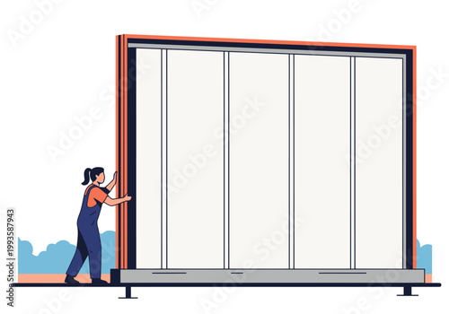 A worker installs a prefabricated modular wall building. Modern, clean design. Focus on the building?s structure and the installer?s action. Bright, professional.