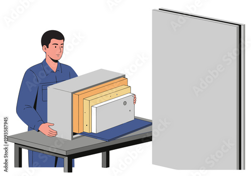 A worker installs an insulation modular wall core, showcasing a construction process. Clear, focused image with a professional setting. Suitable for commercial use.