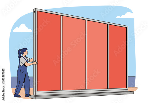 A worker moves a prefabricated modular wall panel. This vibrant, modern building concept showcases a professional installation. Clear composition, ideal for commercial use.