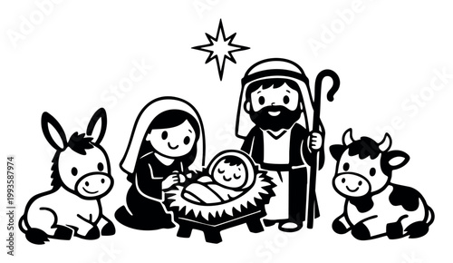 Birth of Jesus Christ with Holy Family and animals in a manger. Simple cartoon drawing for holiday season
