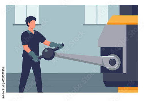 A male worker operates an industrial lever grip on a hydraulic press. Focused, safe operation. Clean, modern industrial setting.