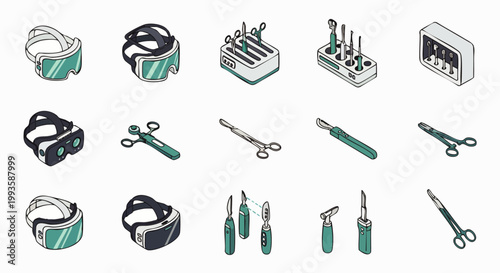 Set of isometric medical instruments and VR headsets, symbolizing innovation and advanced healthcare technology