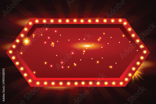 Retro illuminated hexagon sign with glowing marquee lights and sparkling lights on dark background