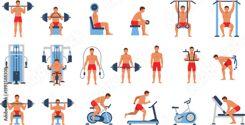 Gym Workout Exercises Vector Set Featuring Athlete Training with Weights Machines Cardio Equipment and Strength Exercises for Fitness Design