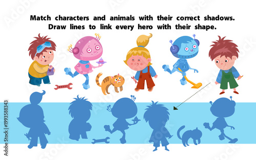 Match characters and animals with their correct shadows. Draw lines to link every hero with their shape in this fun educational game. Colorful vector logic puzzle helps kids develop visual perception