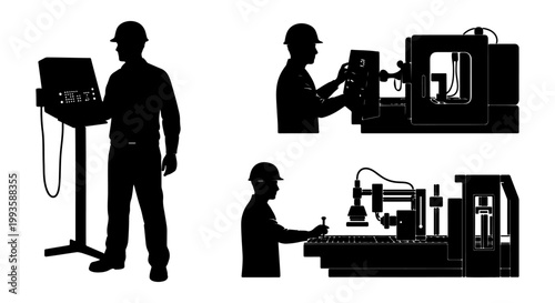 May day labor work Theme and Silhouettes of industrial workers operating heavy machinery in a factory setting