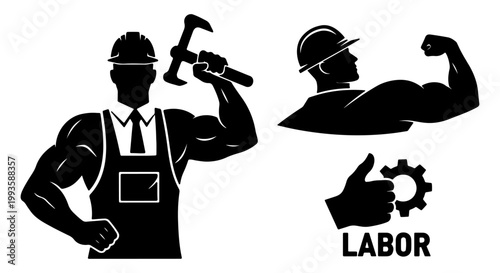 May day labor work Theme and a muscular laborer in a hard hat and overalls holding a hammer