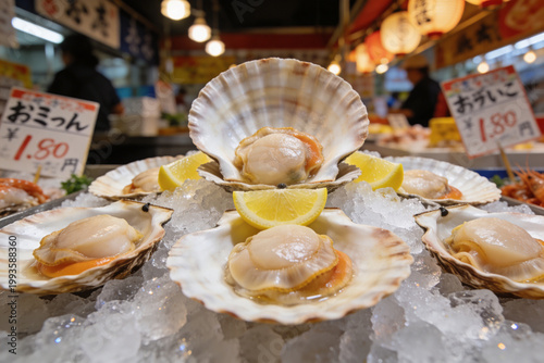 Fresh raw scallops on ice with lemon garnish at a vibrant Japanese fish market stall. A taste of authentic Asian seafood and traditional food culture.