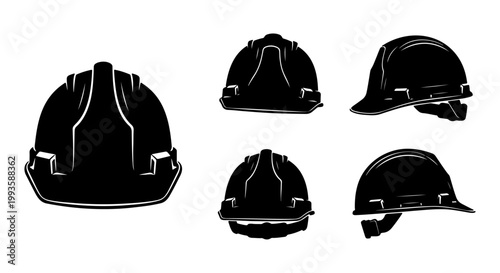 May day labor work Theme and a set of black hard hats in different views and angles