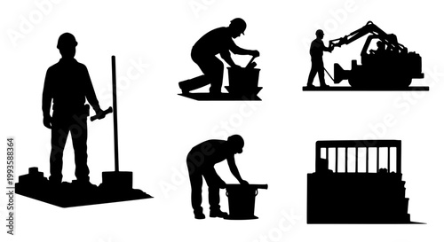May day labor work Theme and a Silhouette of construction workers at a building site with heavy machinery
